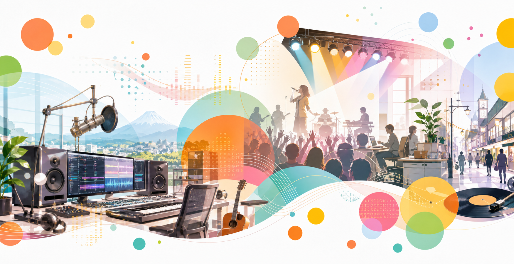 miuzic Entertainmentを表す音楽とライブのカラフルなビジュアル